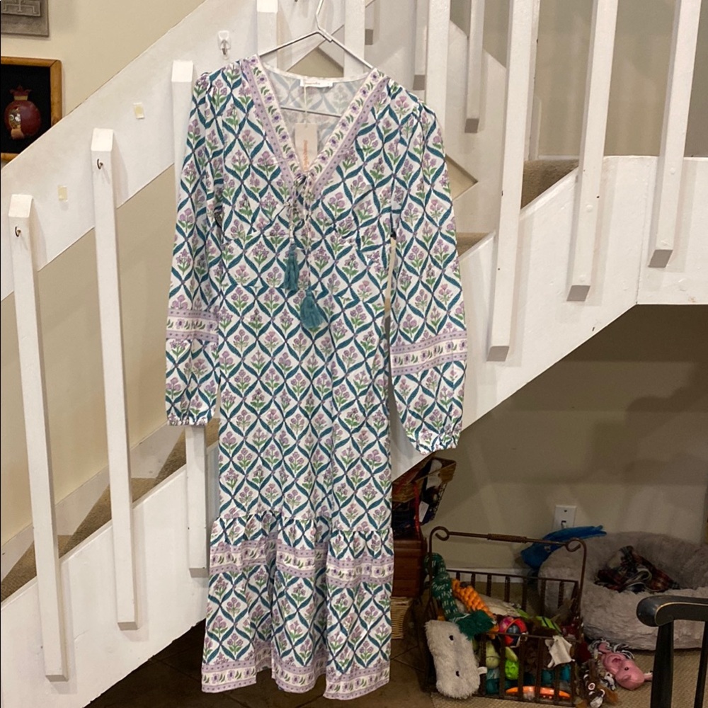 White and Blue Ruffled Tiered Sundress with Bishop Sleeves